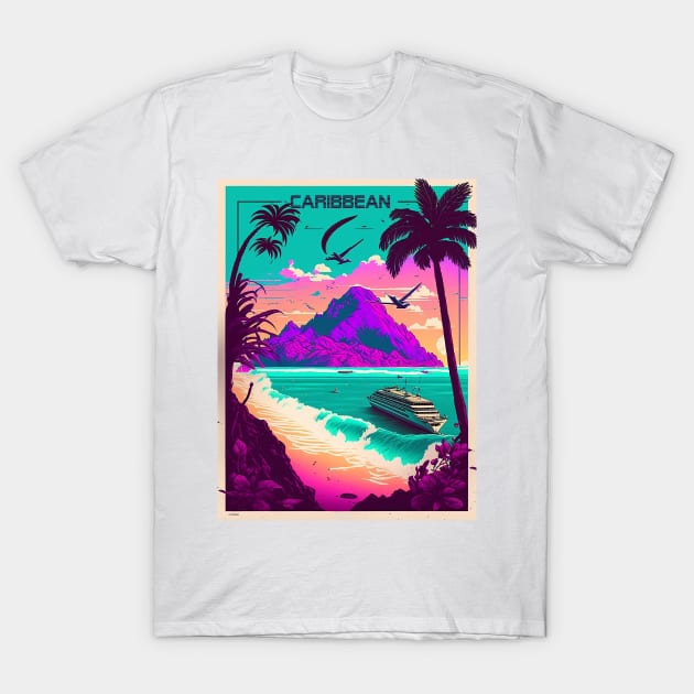 Caribbean Cruise Synthwave Travel Art Poster T-Shirt by OldTravelArt